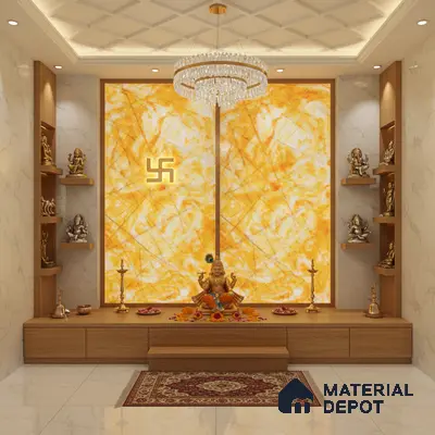 Modern pooja room with backlit alabaster panel, marble wall tiles, and wooden laminate storage