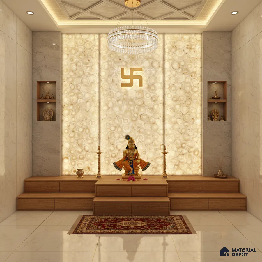 Modern pooja room with backlit alabaster panel, marble wall tiles, and wooden platform
