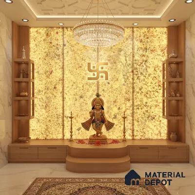 Modern pooja room with backlit alabaster panel, natural wood laminate, and marble floor tile