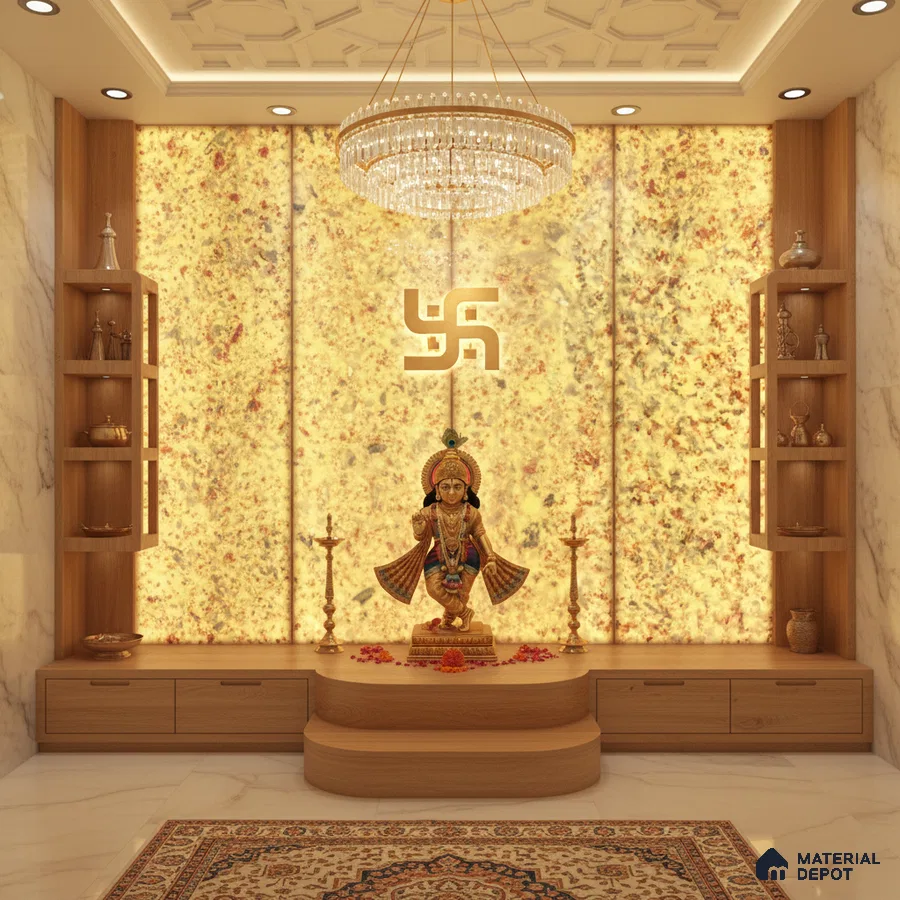 Modern pooja room with backlit alabaster panel, natural wood laminate, and marble floor tile