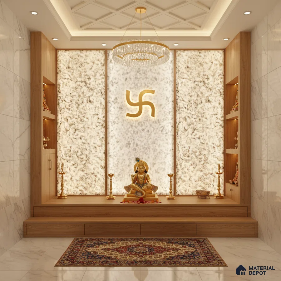 Modern pooja room with backlit alabaster panel, white marble wall tile, and natural wood laminate