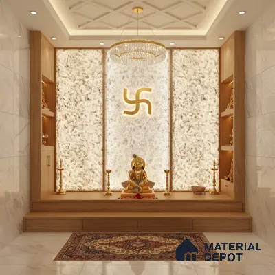 Modern pooja room with backlit alabaster panel, white marble wall tile, and natural wood laminate