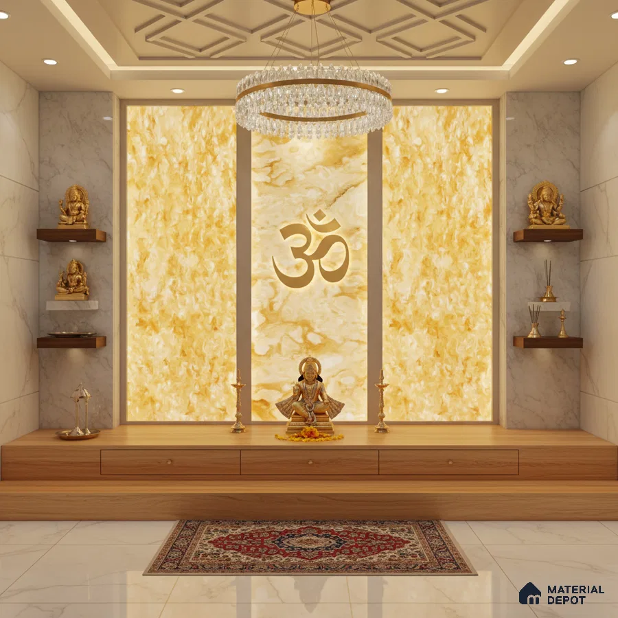 Modern pooja room with backlit alabaster panel, white marble wall tile, and natural wood laminate platform