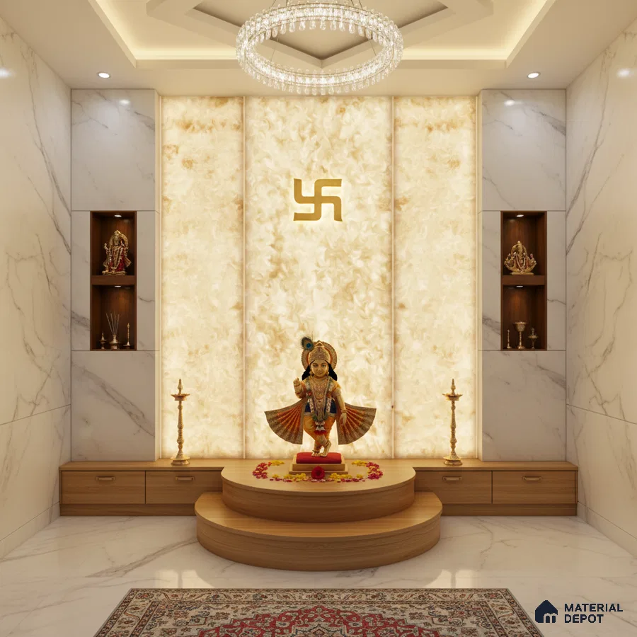 Modern pooja room with backlit alabaster panel, white marble wall tiles, and wooden laminate platform