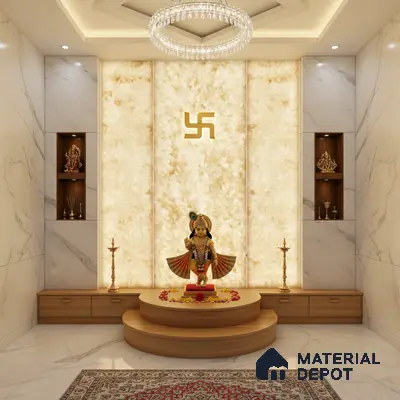 Modern pooja room with backlit alabaster panel, white marble wall tiles, and wooden laminate platform