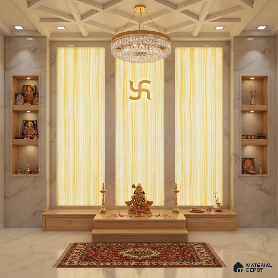 Modern pooja room with backlit alabaster panels, marble wall tiles, and light wood laminate platform