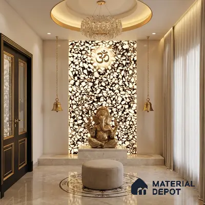 Modern pooja room with backlit alabaster stone panel and marble flooring