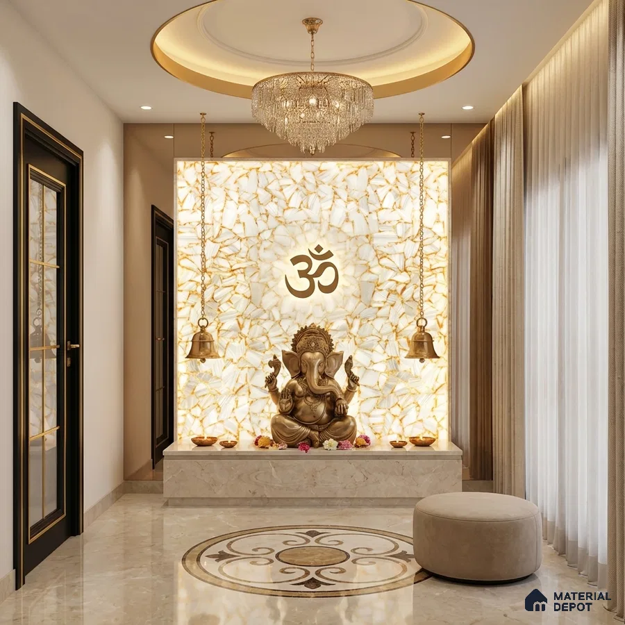 Modern pooja room with backlit alabaster wall panel and marble floor inlay