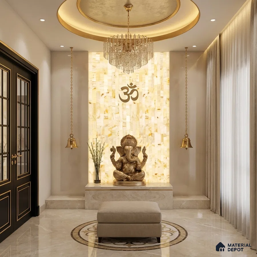 Modern pooja room with backlit alabaster wall panel and marble floor tile