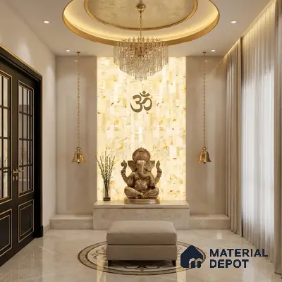 Modern pooja room with backlit alabaster wall panel and marble floor tile