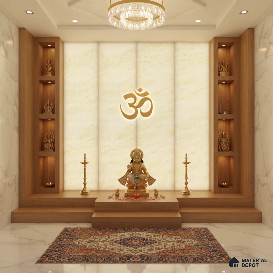 Modern pooja room with backlit alabaster wall panel, walnut wood laminate, and marble floor tiles