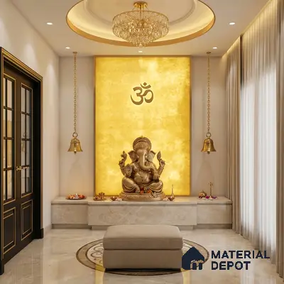 Modern pooja room with backlit golden alabaster panel and marble flooring