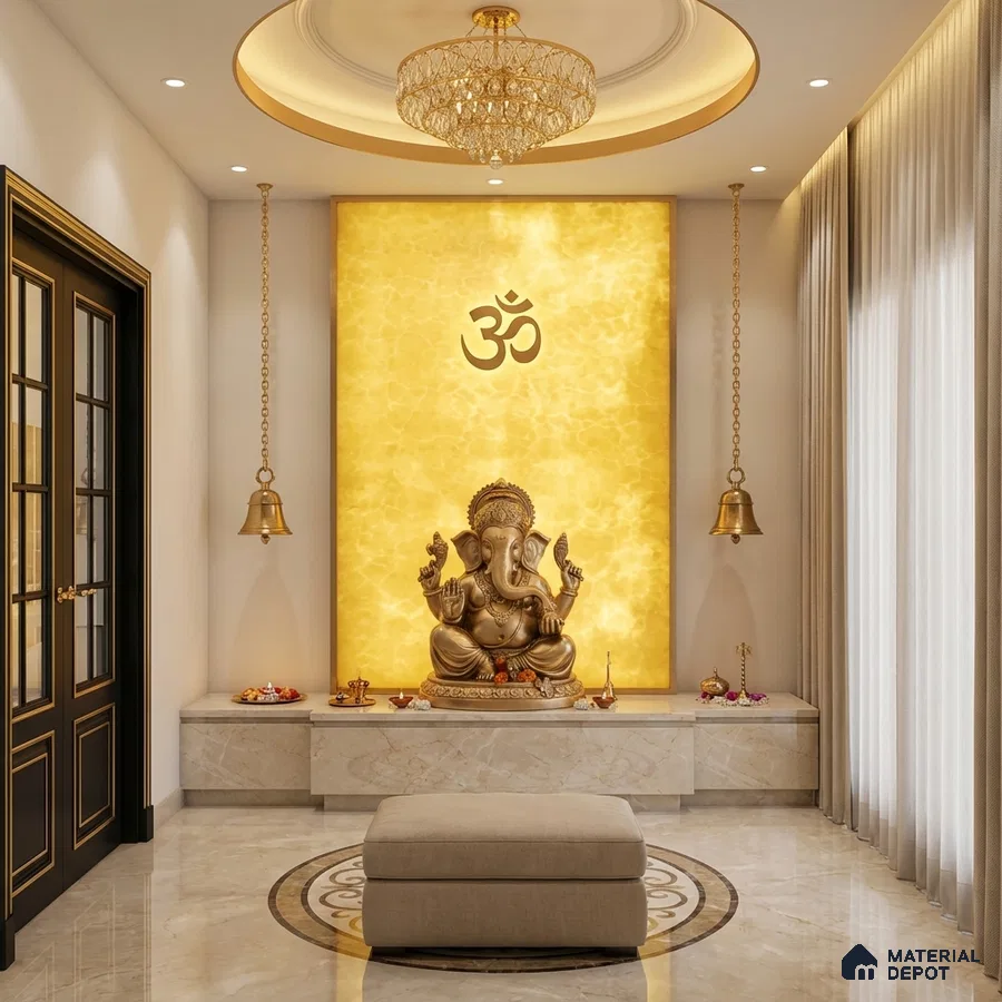 Modern pooja room with backlit golden alabaster panel and marble flooring