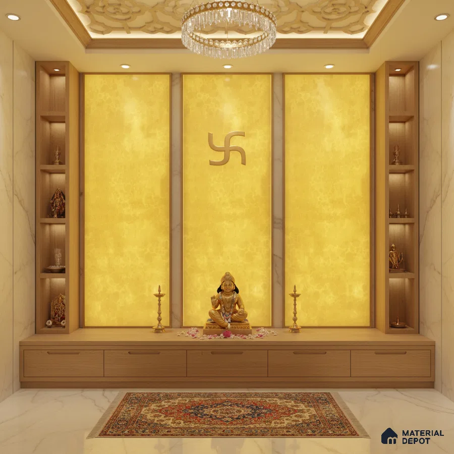 Modern pooja room with backlit golden alabaster panels, marble wall tiles, and natural wood laminate cabinetry