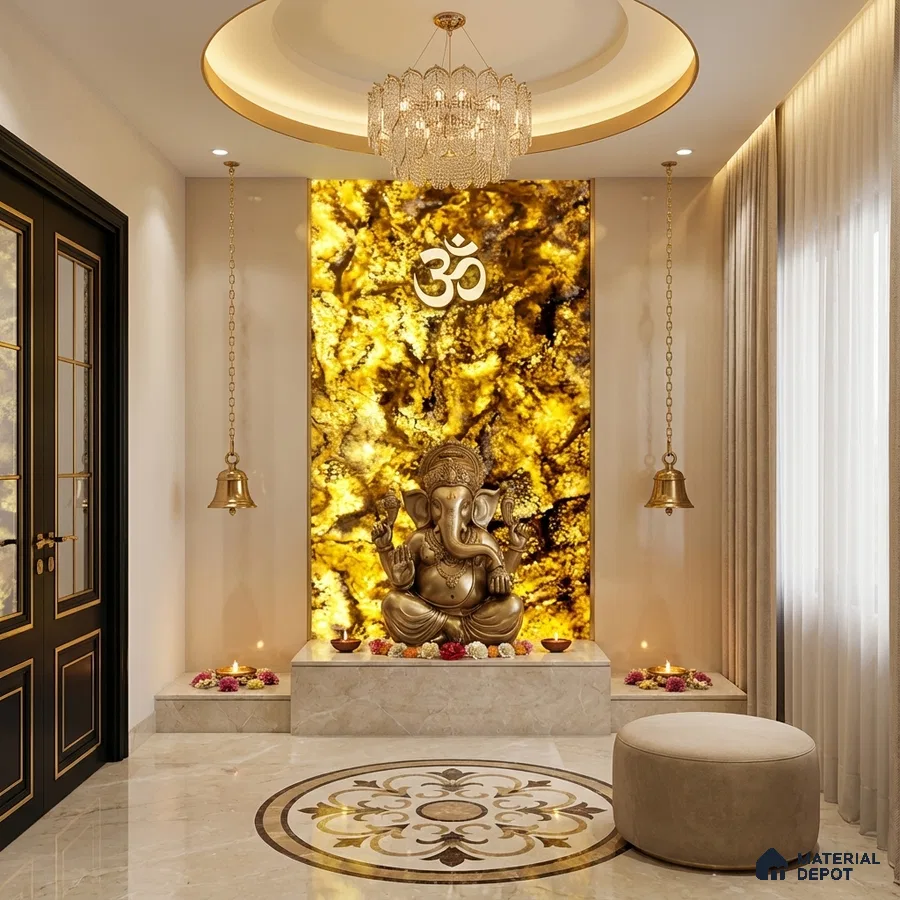 Modern pooja room with backlit golden Alabaster Sheet onyx panel and marble flooring