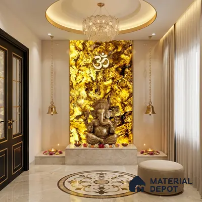 Modern pooja room with backlit golden Alabaster Sheet onyx panel and marble flooring