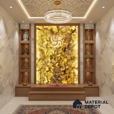 Modern pooja room with backlit golden Alabaster Sheet onyx panel, marble wall tiles, and wooden laminate storage