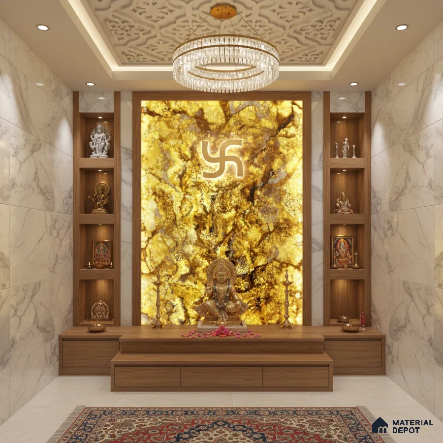 Modern pooja room with backlit golden Alabaster Sheet onyx panel, marble wall tiles, and wooden laminate storage