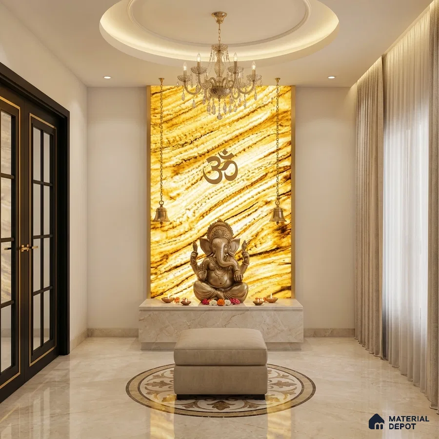 Modern pooja room with backlit golden onyx marble panel and beige marble flooring