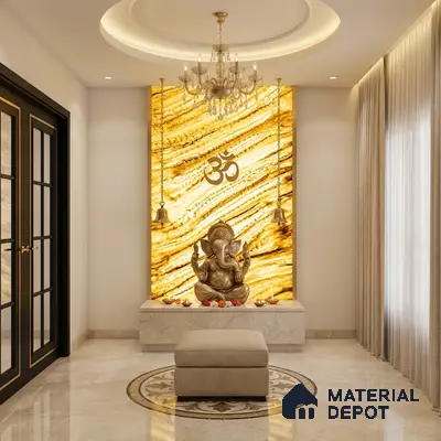 Modern pooja room with backlit golden onyx marble panel and beige marble flooring