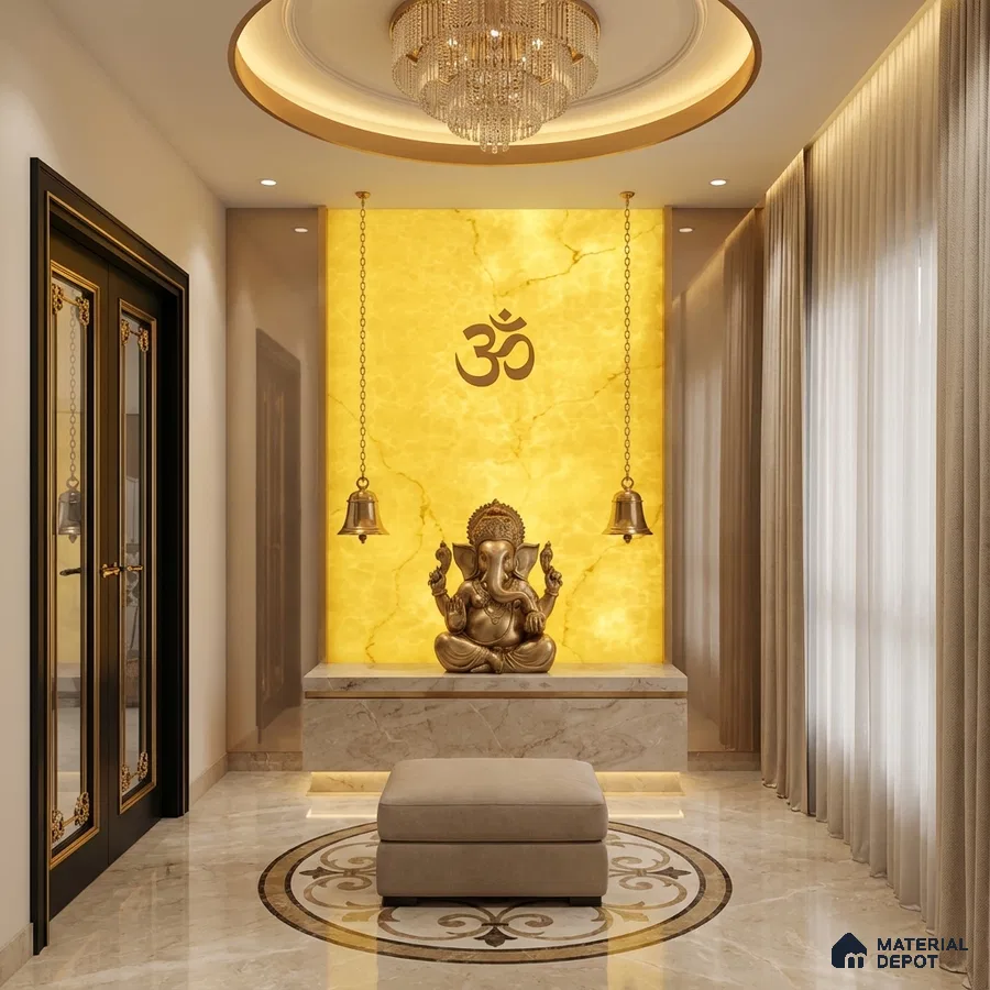 Modern pooja room with backlit golden onyx marble panel and beige marble flooring