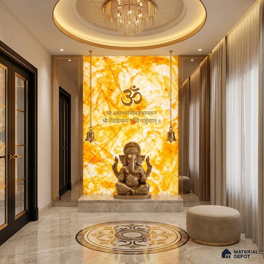 Modern pooja room with backlit golden onyx marble panel and marble flooring