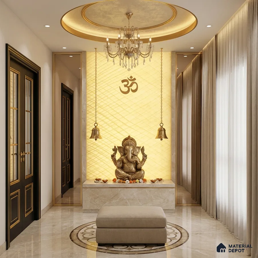 Modern pooja room with backlit marble accent wall and beige marble flooring