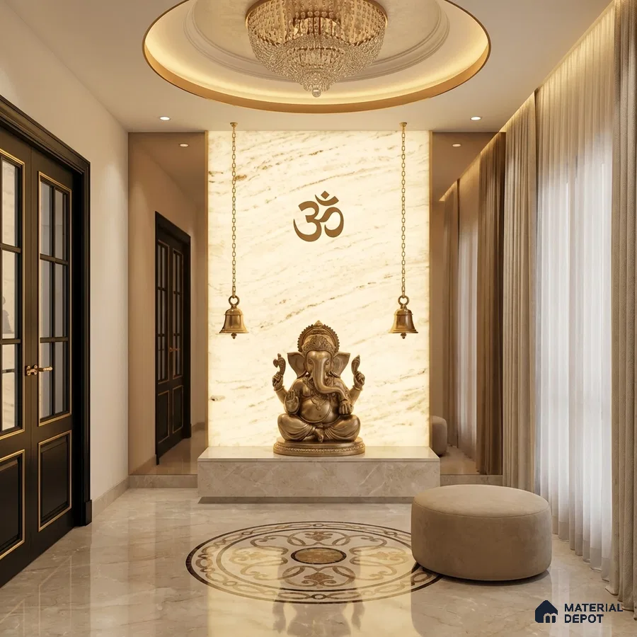 Modern pooja room with backlit marble accent wall and marble inlay floor