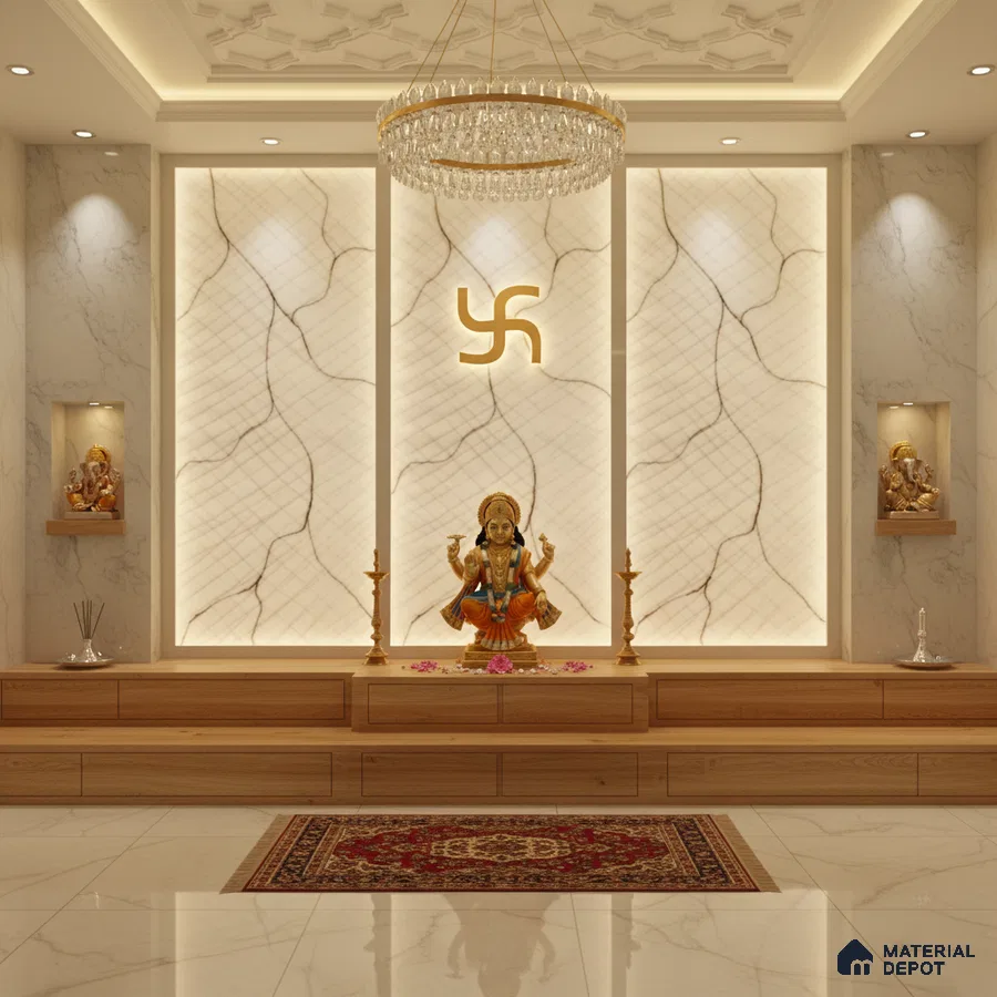 Modern pooja room with backlit marble accent wall, wooden platform, and marble floor tiles