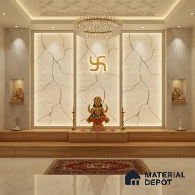 Modern pooja room with backlit marble accent wall, wooden platform, and marble floor tiles