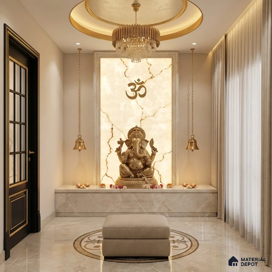 Modern pooja room with backlit marble panel and beige marble floor tiles
