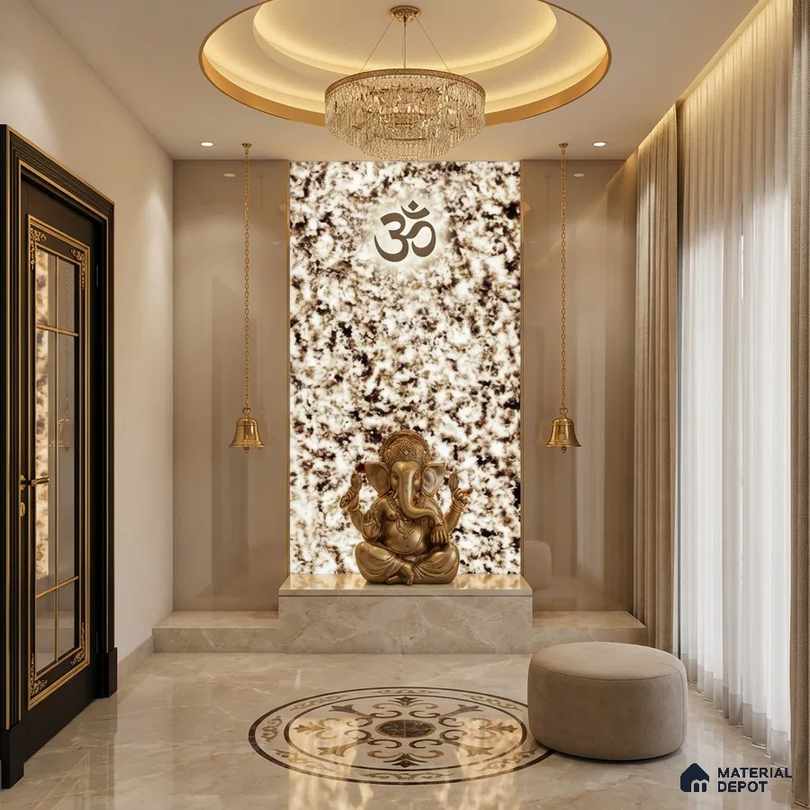 Modern pooja room with backlit marble panel and beige marble flooring
