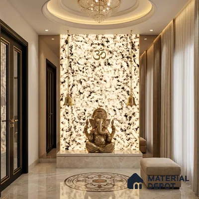 Modern pooja room with backlit marble panel and beige marble flooring