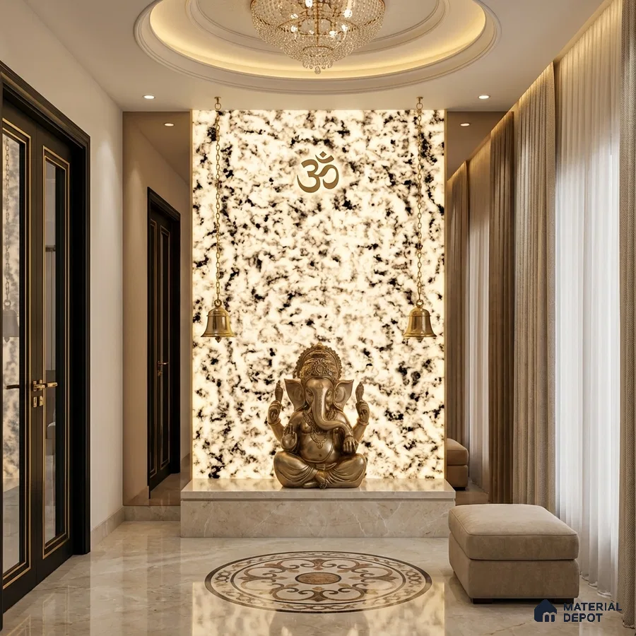 Modern pooja room with backlit marble panel and beige marble flooring