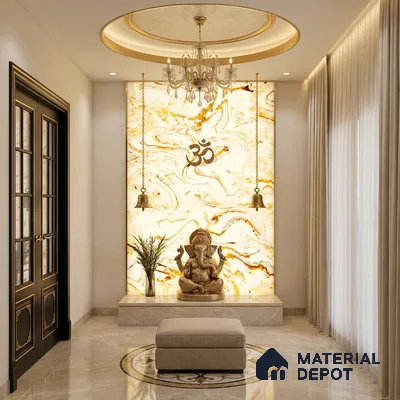 Modern pooja room with backlit marble panel and beige marble flooring