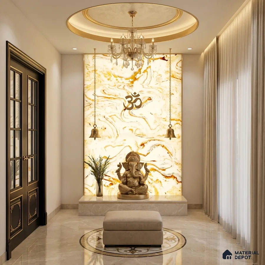 Modern pooja room with backlit marble panel and beige marble flooring