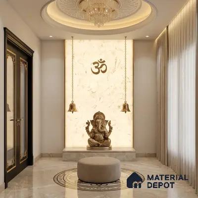 Modern pooja room with backlit marble panel and marble floor tile