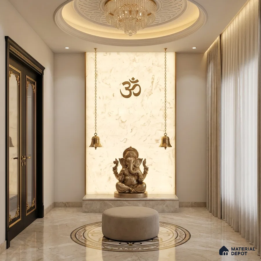 Modern pooja room with backlit marble panel and marble floor tile