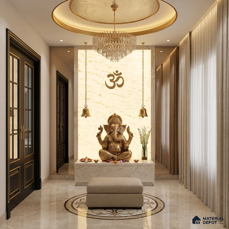 Modern pooja room with backlit marble wall panel and beige marble flooring