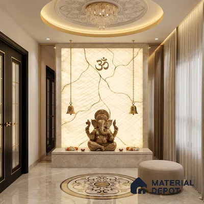 Modern pooja room with backlit marble wall panel and beige marble flooring