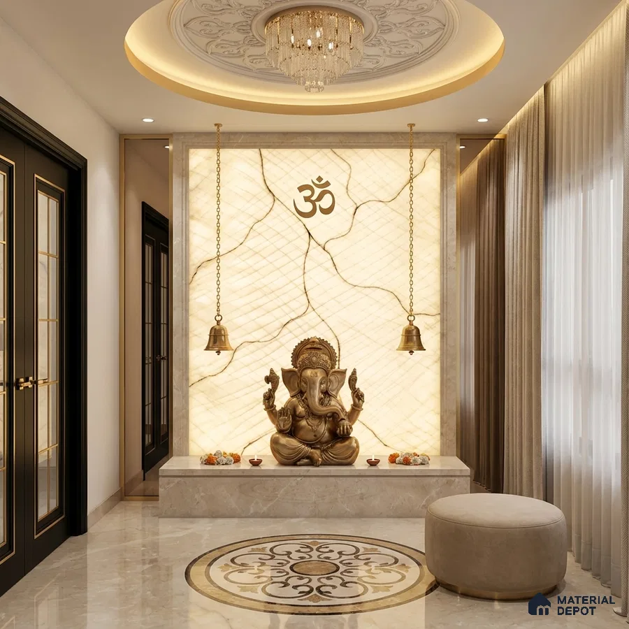 Modern pooja room with backlit marble wall panel and beige marble flooring