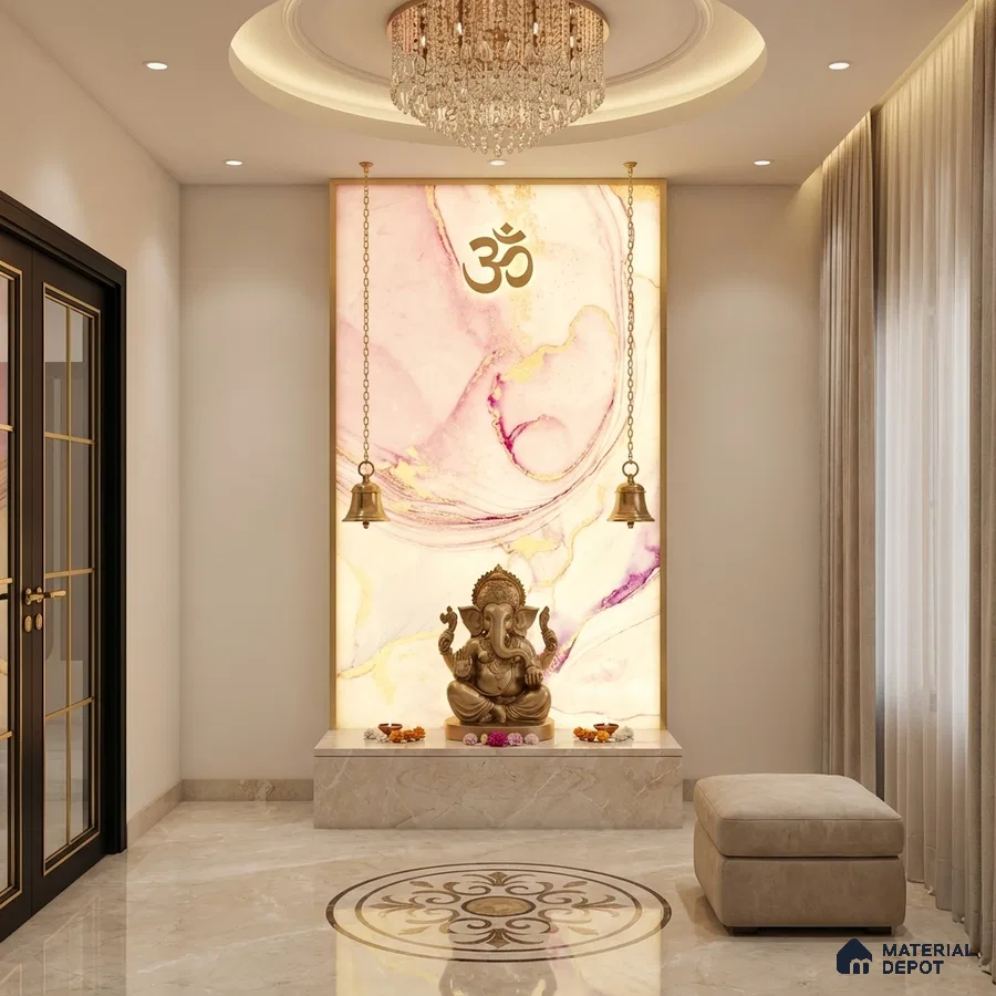 Modern pooja room with backlit marble-look panel and beige marble flooring