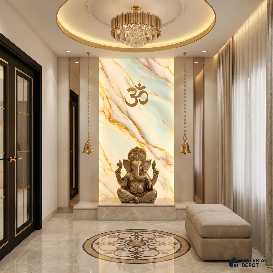 Modern pooja room with backlit marble-look panel and beige marble flooring