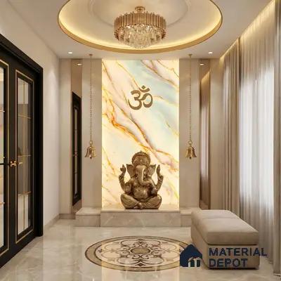 Modern pooja room with backlit marble-look panel and beige marble flooring