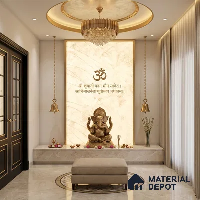 Modern pooja room with backlit marble-look panel and gold accents