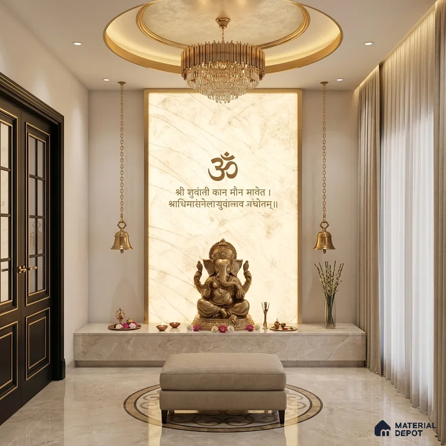 Modern pooja room with backlit marble-look panel and gold accents