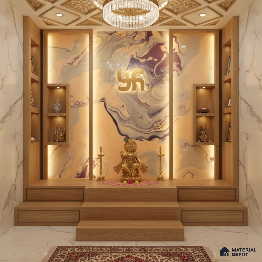 Modern pooja room with backlit marble-look panel, oak wood laminate shelves, and white marble floor tiles
