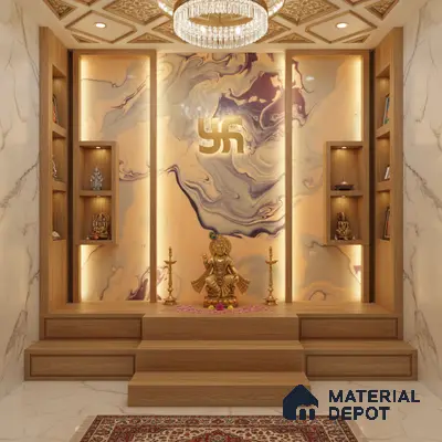 Modern pooja room with backlit marble-look panel, oak wood laminate shelves, and white marble floor tiles