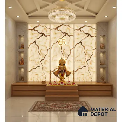 Modern pooja room with backlit marble-look panel, wooden platform, and marble floor tiles