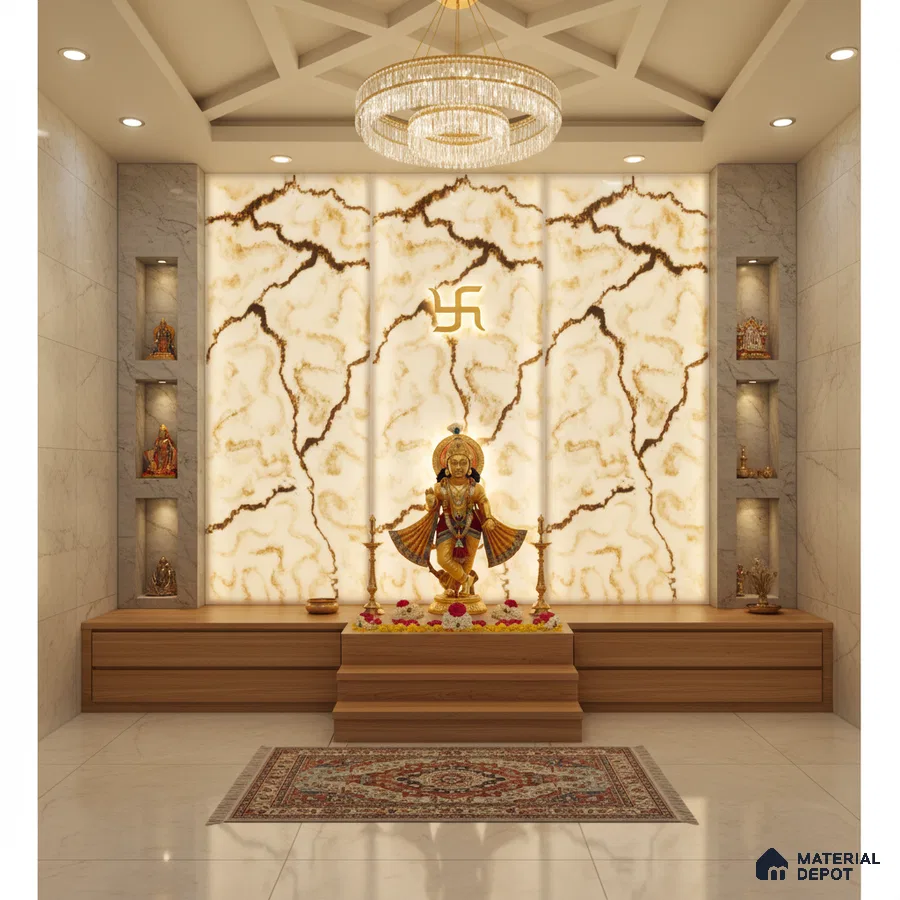 Modern pooja room with backlit marble-look panel, wooden platform, and marble floor tiles